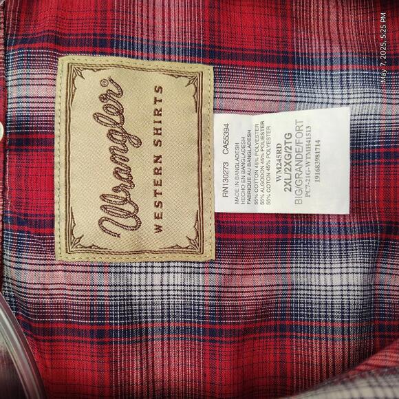 Wrangler Red Plaid Pearl Snap Short Sleeve Dress Shirt Size XXL Western - Picture 7 of 7